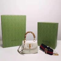 Gucci Women Bamboo 1947 Min Top Handle Bag White Leather Bamboo Hardware (2)