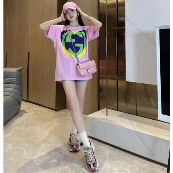 Gucci Women GG Interlocking G Heart T-Shirt Pink Cotton Jersey Crewneck Oversize Fit (10)