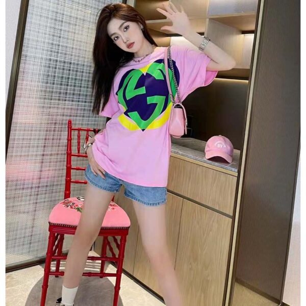 Gucci Women GG Interlocking G Heart T-Shirt Pink Cotton Jersey Crewneck Oversize Fit (8)