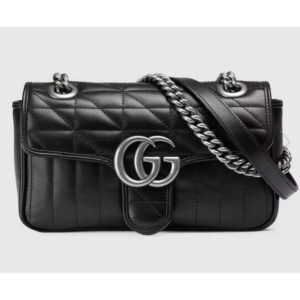 Gucci Women GG Marmont Mini Shoulder Bag Black Double G Matelassé Leather