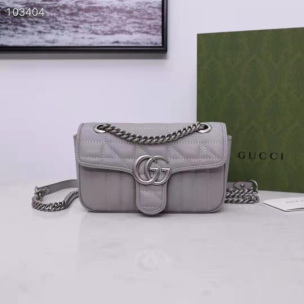 Gucci Women GG Marmont Mini Shoulder Bag Dark Grey Double G Matelassé Leather (10)