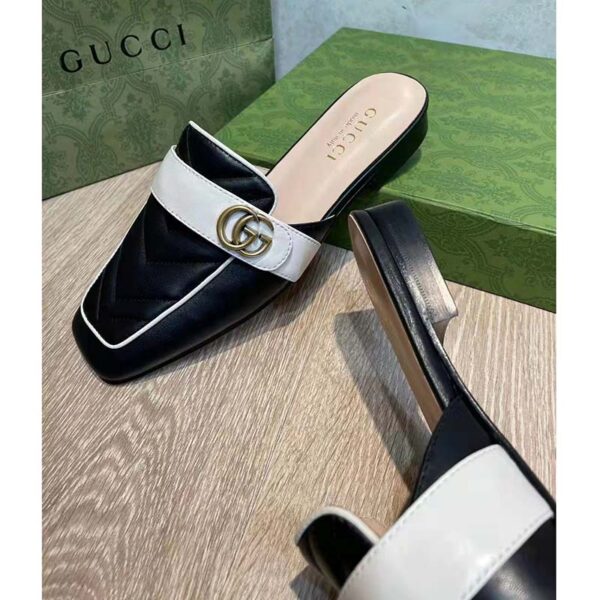 Gucci Women GG Slipper Double G Black Leather Matelassé Chevron Insert (10)