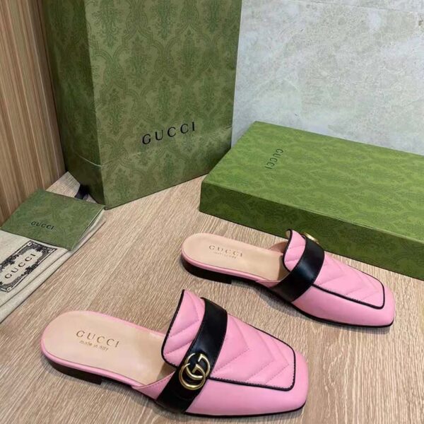 Gucci Women GG Slipper Double G Pink Leather Matelassé Chevron Insert (10)