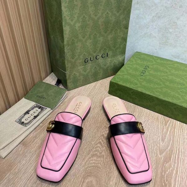 Gucci Women GG Slipper Double G Pink Leather Matelassé Chevron Insert (13)