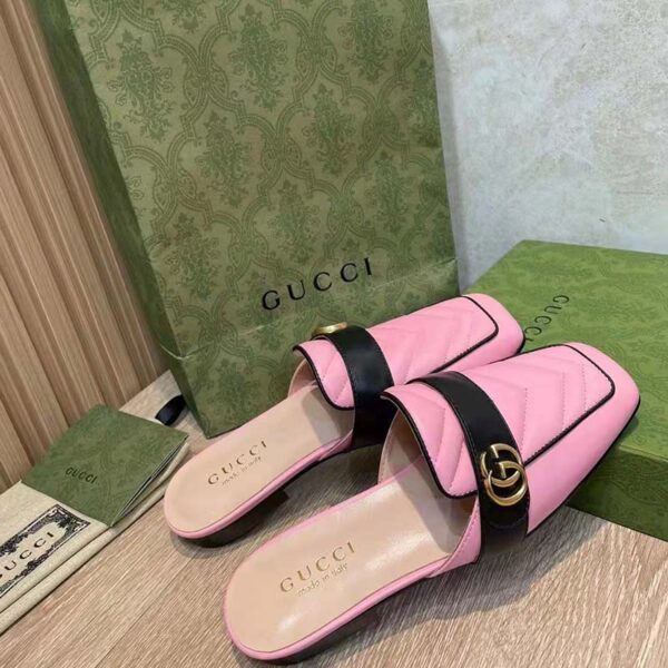 Gucci Women GG Slipper Double G Pink Leather Matelassé Chevron Insert (14)