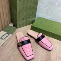 Gucci Women GG Slipper Double G Pink Leather Matelassé Chevron Insert (8)