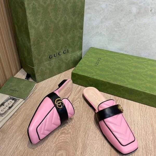 Gucci Women GG Slipper Double G Pink Leather Matelassé Chevron Insert (3)