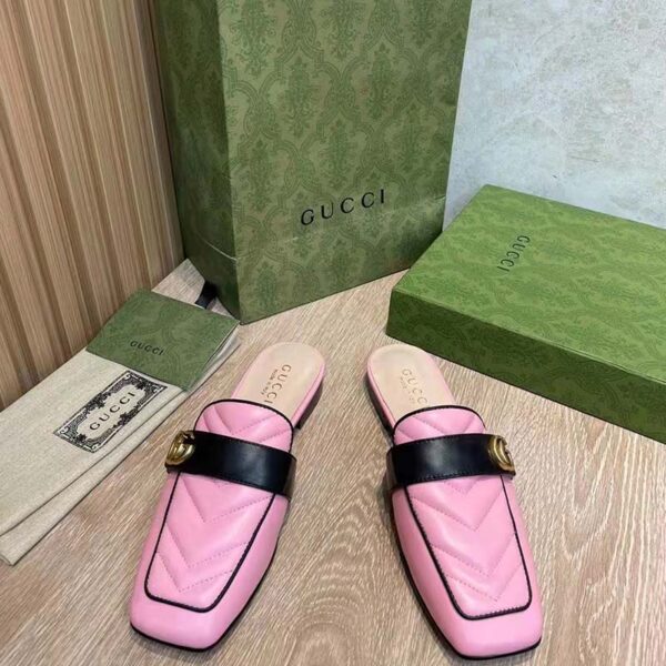 Gucci Women GG Slipper Double G Pink Leather Matelassé Chevron Insert (4)