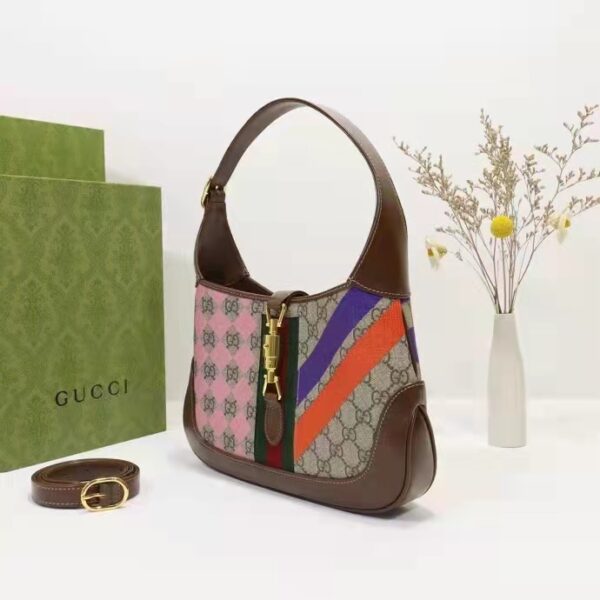 Gucci Women Jackie 1961 Small Shoulder Bag Beige Ebony GG Supreme Canvas (7)