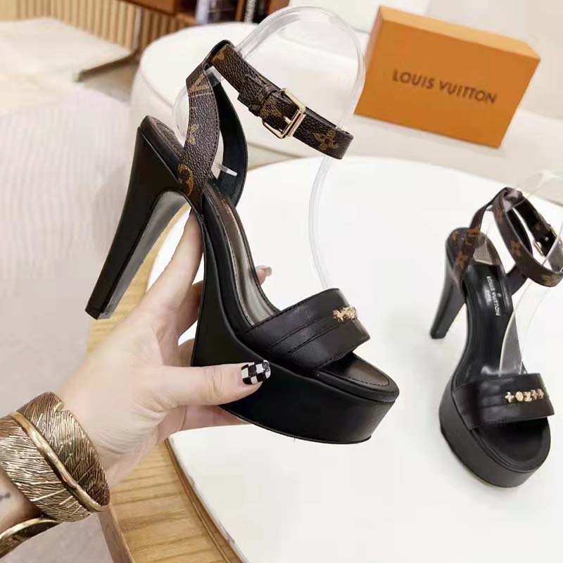 Louis Vuitton Women Podium Platform Sandal Black Calf Leather Glazed 11.5  cm Heel - LULUX