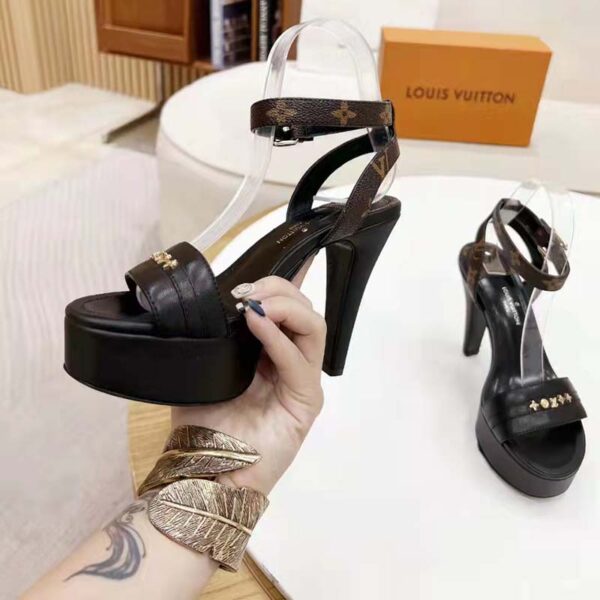 Louis Vuitton Women Afterglow Platform Sandal Black Calf Leather Patent Monogram Canvas (4)