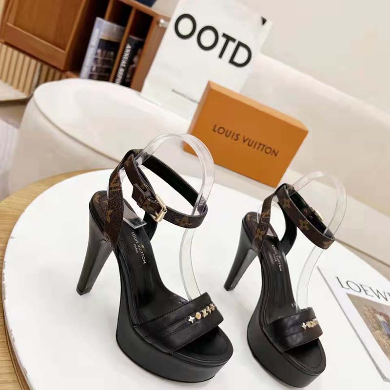 Louis Vuitton Women Podium Platform Sandal Black Calf Leather Glazed 11.5  cm Heel - LULUX