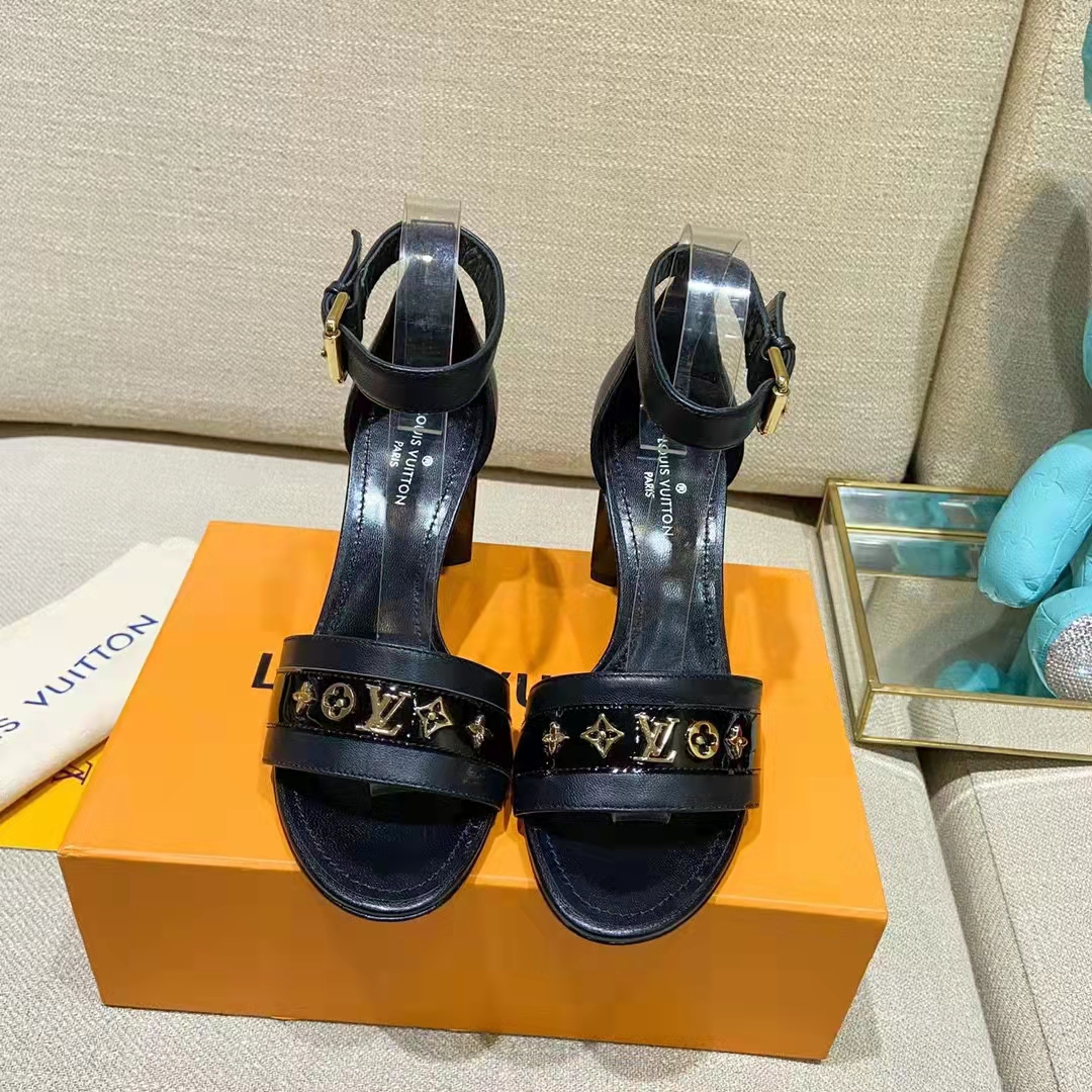 Louis Vuitton Women Podium Platform Sandal Black Calf Leather Glazed 11.5  cm Heel - LULUX