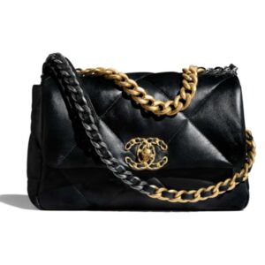 Chanel Women 19 Handbag Lambskin Gold Silver-Tone Ruthenium-Finish Metal Black