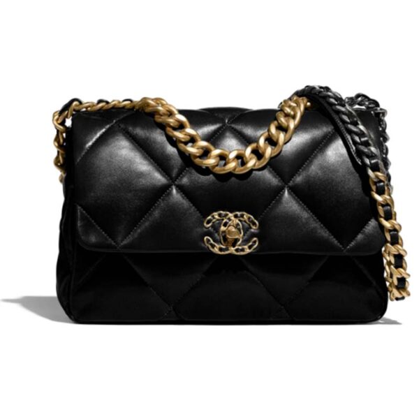Chanel Women 19 Large Handbag Black Lambskin Gold Silver-Tone Ruthenium-Finish Metal