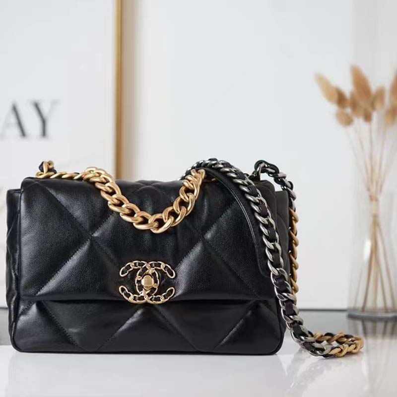 Chanel Women 19 Large Handbag Black Lambskin Gold Silver-Tone