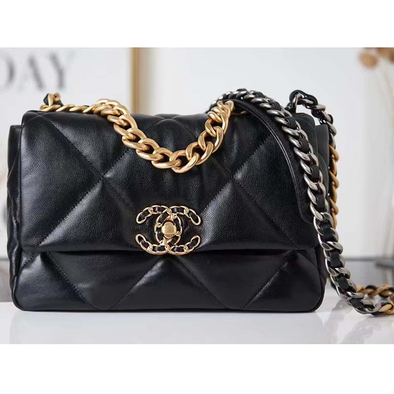 Chanel Women 19 Large Handbag Black Lambskin Gold Silver-Tone