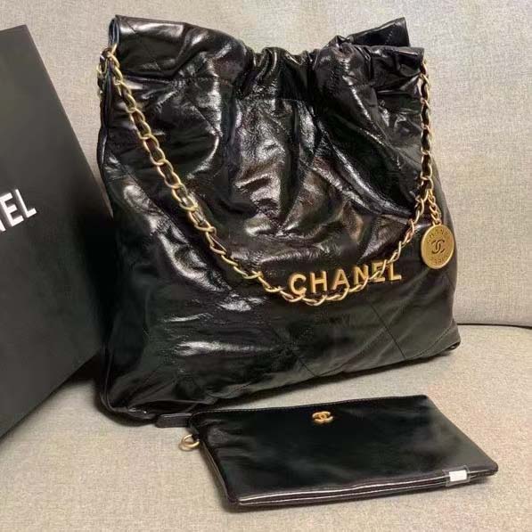 Chanel Women 22 Large Handbag Shiny Calfskin Gold-Tone Metal Black (6)