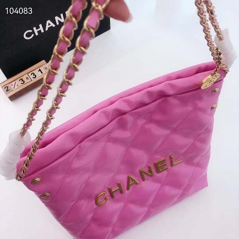 Chanel Women 22 Small Handbag Shiny Calfskin & Gold-Tone Metal Pink - LULUX