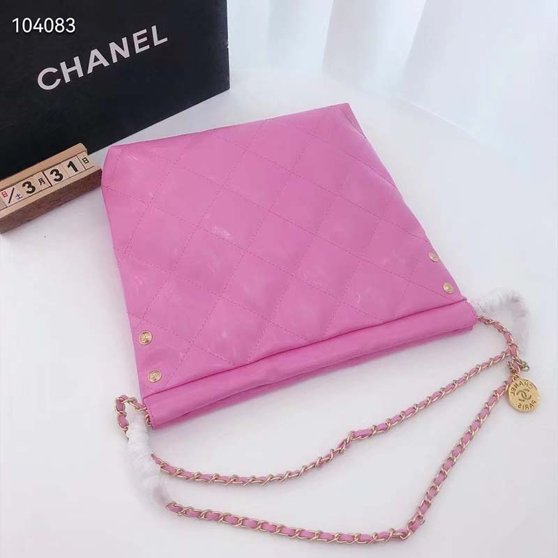 Chanel Women 22 Small Handbag Shiny Calfskin & Gold-Tone Metal Pink - LULUX