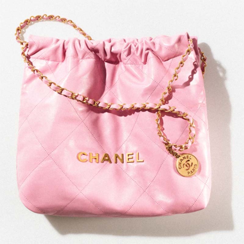 Chanel Women 22 Small Handbag Shiny Calfskin & Gold-Tone Metal Pink - LULUX