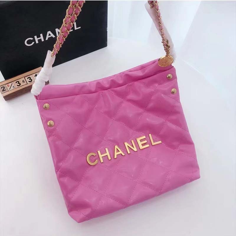 Chanel Women 22 Small Handbag Shiny Calfskin & Gold-Tone Metal Pink - LULUX