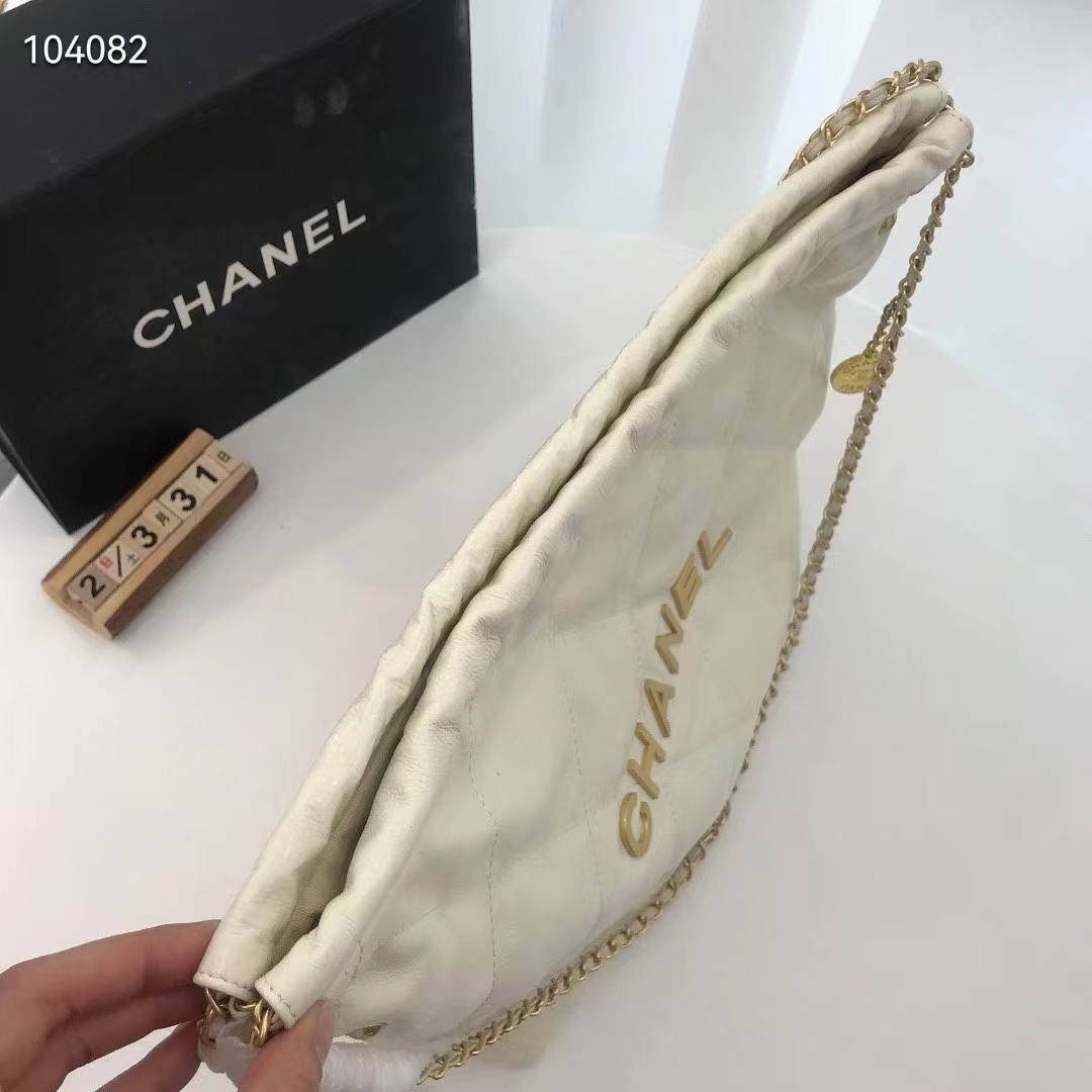 Chanel Women 22 Small Handbag Shiny Calfskin & Gold-Tone Metal Beige - LULUX