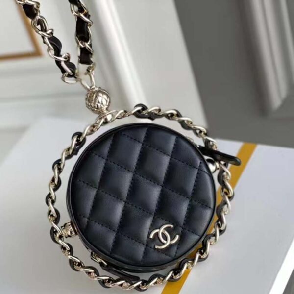 Chanel Women Chain Handbag Goatskin Leather Gold-Tone Metal Black (7)