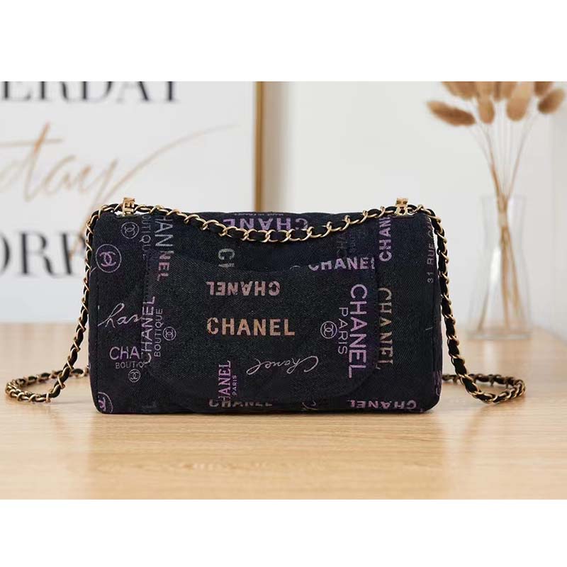 Chanel Women Large Flap Bag Printed Denim Gold-Tone Metal Black Multicolor  - LULUX