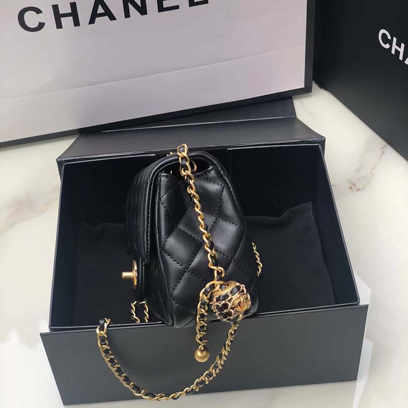 Chanel Women Mini Flap Bag Calfskin Gold-Tone Metal Ball Black - LULUX