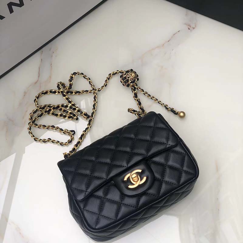 Chanel Women Mini Flap Bag Calfskin Gold-Tone Metal Ball Black - LULUX