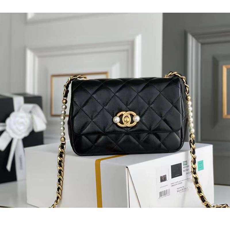 Chanel Women Mini Flap Bag Calfskin Imitation Pearls Gold-Tone