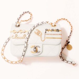 Chanel Women Mini Flap Bag Lambskin Glass Imitation Pearls Strass Gold Silver