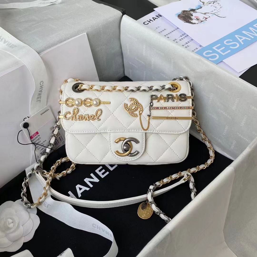 Chanel Mini Flap Bag With Pearl And Woven Chain CC Logo