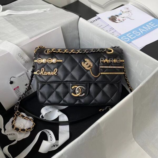 Chanel Women Small Flap Bag Black Lambskin Glass Pearls Strass Gold Silver (1)
