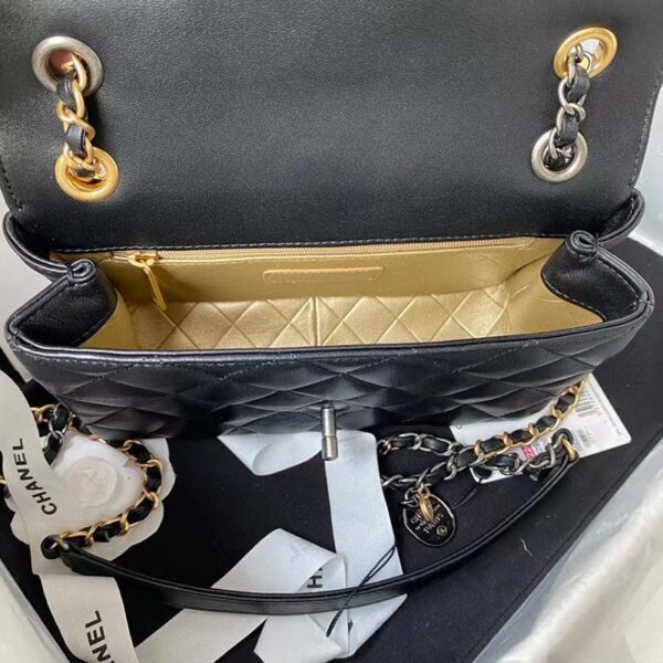 Chanel Women Small Flap Bag Black Lambskin Glass Pearls Strass Gold Silver (10)
