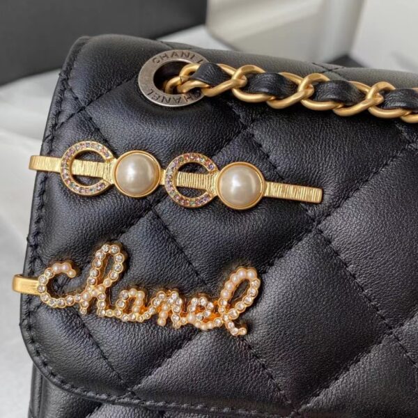 Chanel Women Small Flap Bag Black Lambskin Glass Pearls Strass Gold Silver (3)