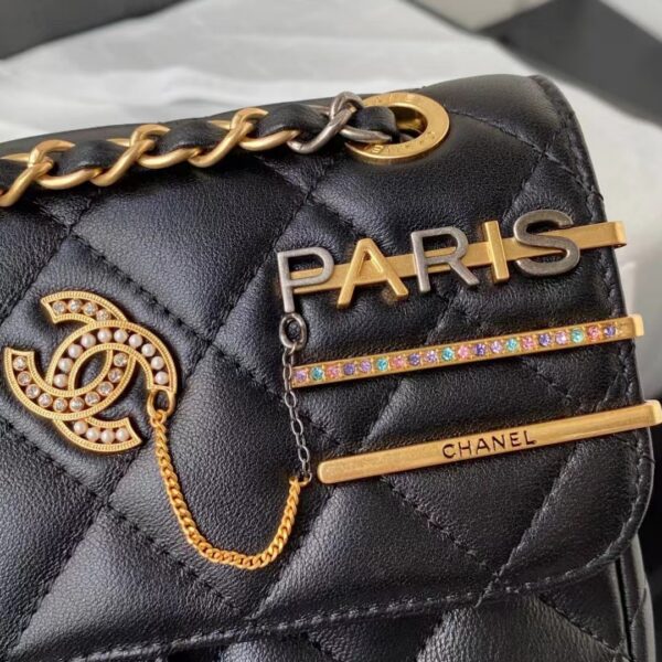 Chanel Women Small Flap Bag Black Lambskin Glass Pearls Strass Gold Silver (4)