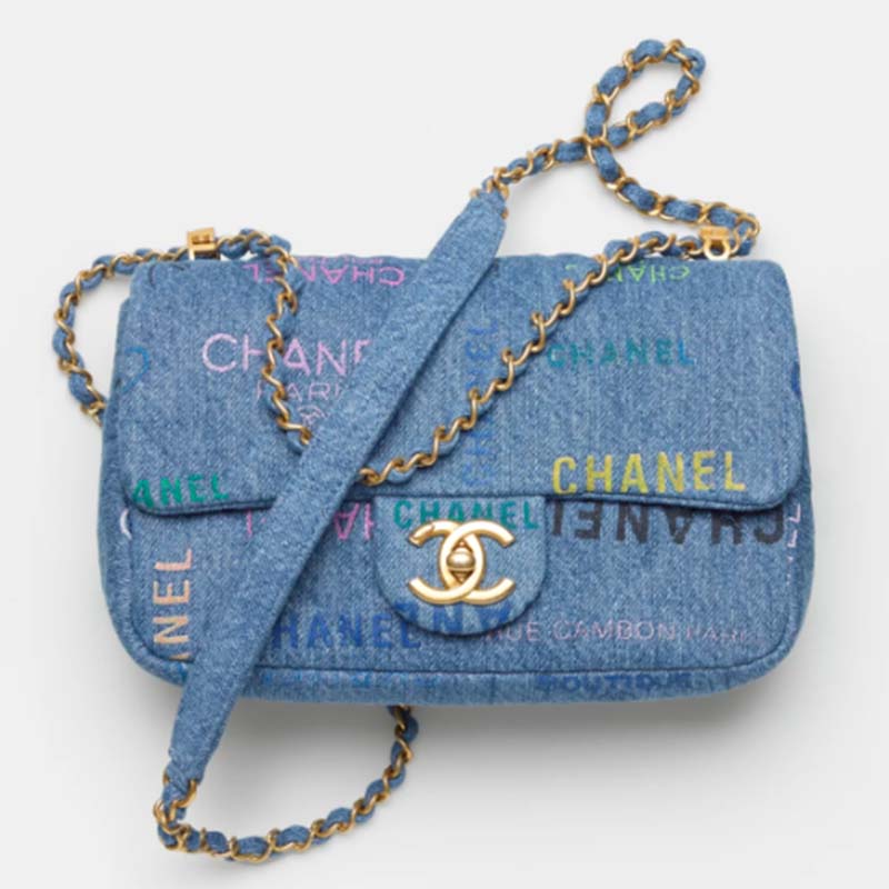 Chanel Women Small Flap Bag Printed Denim Gold-Tone Metal Blue Multicolor -  LULUX