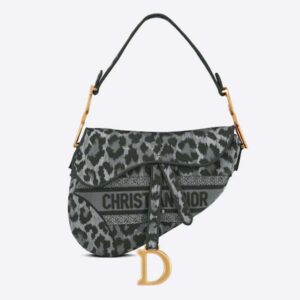 Dior CD Women Saddle Bag Gray Mizza Embroidery Magnetic 'D' Stirrup Closure