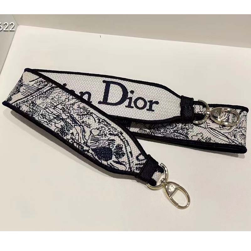 Dior - Adjustable Shoulder Strap with Ring Denim Blue Toile de Jouy Sauvage Embroidery - Women