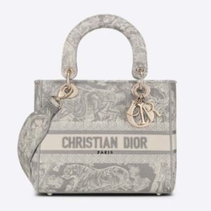 Dior Women CD Medium Lady D-Lite Bag Gray Toile De Jouy Reverse Embroidery