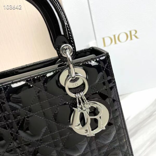 Dior Women CD Medium Lady Dior Bag Black Patent Cannage Calfskin (11)