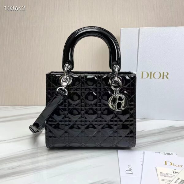 Dior Women CD Medium Lady Dior Bag Black Patent Cannage Calfskin (4)
