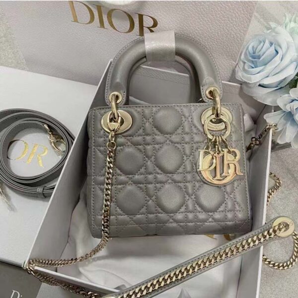 Dior Women CD Mini Lady Dior Bag Gray Cannage Lambskin (9)