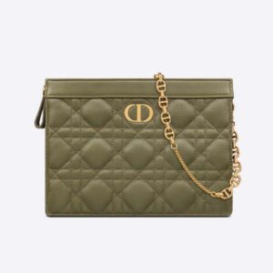 Dior Women Caro Zipped Pouch with Chain Cedar Green Supple Cannage Calfskin