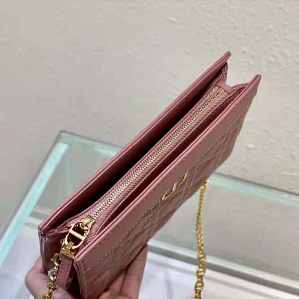 Dior Women Caro Zipped Pouch with Chain Cedar Green Supple Cannage Calfskin-pink (7)