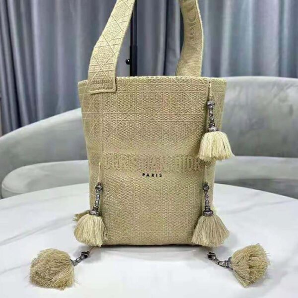 Dior Women D-bubble Bucket Bag Beige Cannage Embroidery with Straw Effect (3)