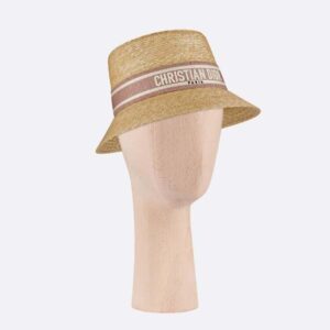 Dior Unisex CD Women Dioresort Small Brim Hat Natural Straw Pink Band