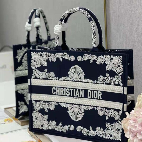 Dior Women Large Dior Book Tote Blue and White Cornely-Effect Embroidery (4)